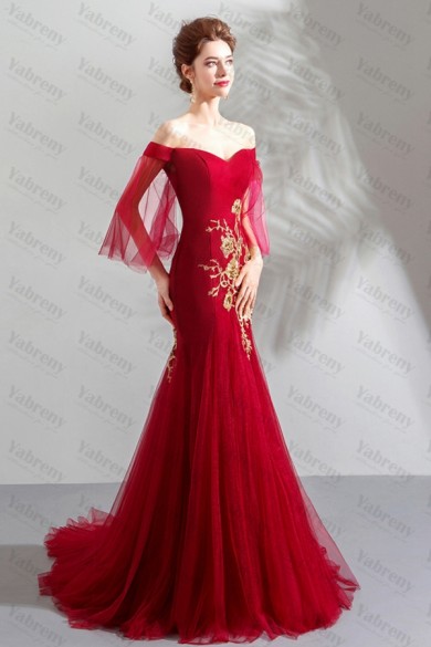 Burgundy Sweetheart Evening Dresses Off the Shoulder Prom Dresses TSJY-112