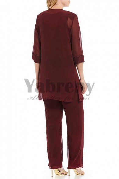 Burgundy Chiffon Beaded Neck Three pieces Mother of the Bride Pantsuits ...