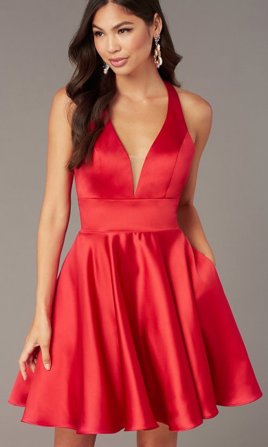 Under $100 V-neck Homecoming Party Dress,Red Above Knee Dreses with Pockets sd-014-2